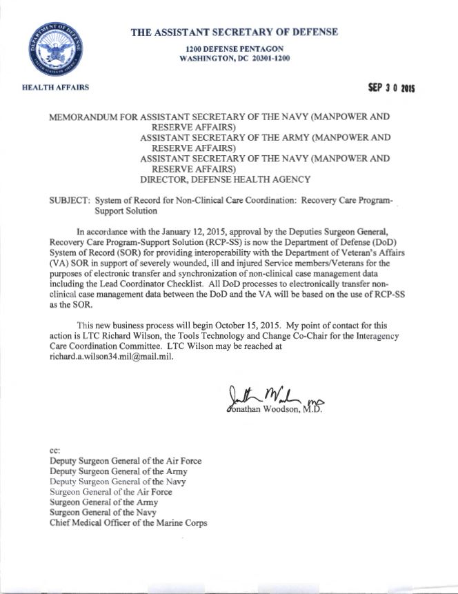 Image of the Memorandum of Understanding between the D-O-D and V-A for Recovery Care Coordination Processes Image of the Memorandum of Understanding between the D-O-D and V-A for Recovery Care Coordination Processes